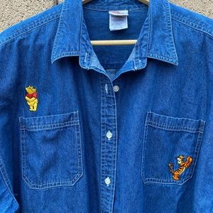 DISNEY Vintage Winnie The Pooh and Friends Embroidered Denim Shirt XXL Unisex
